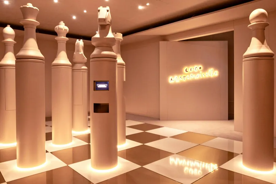 CHANEL Le Grand Numéro: oversized chess pieces on a chequered floor in the COCO MADEMOISELLE room